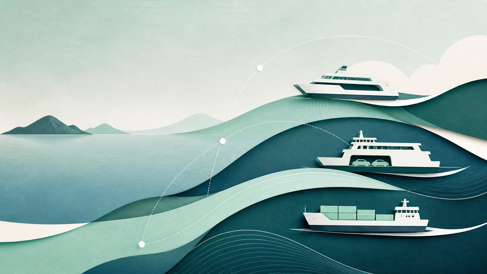 Abstract illustration representing passenger, vehicle, and cargo maritime transportation.