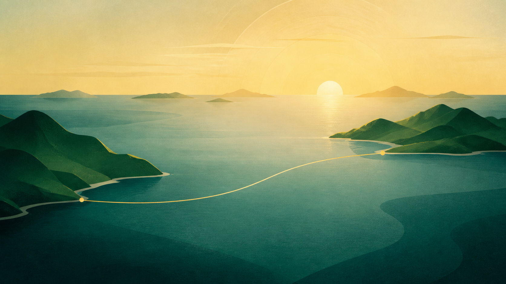 Abstract illustration of islands connected across calm water, representing the company’s heritage.